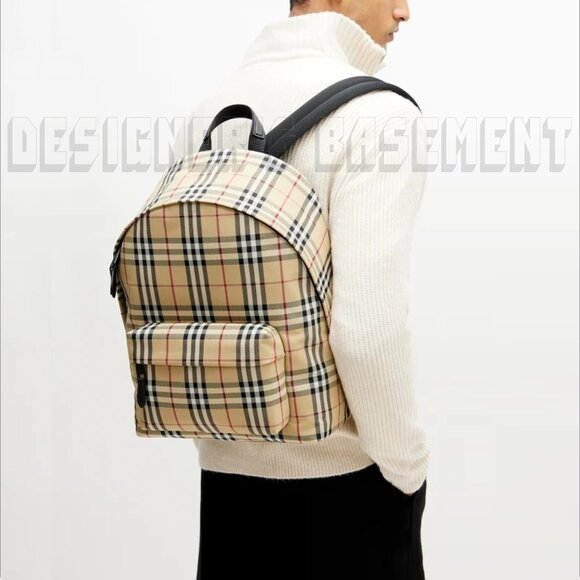 BURBERRY black Leather trim JETT beige Archive Vintage Check nylon zip Backpack - Picture 10 of 12